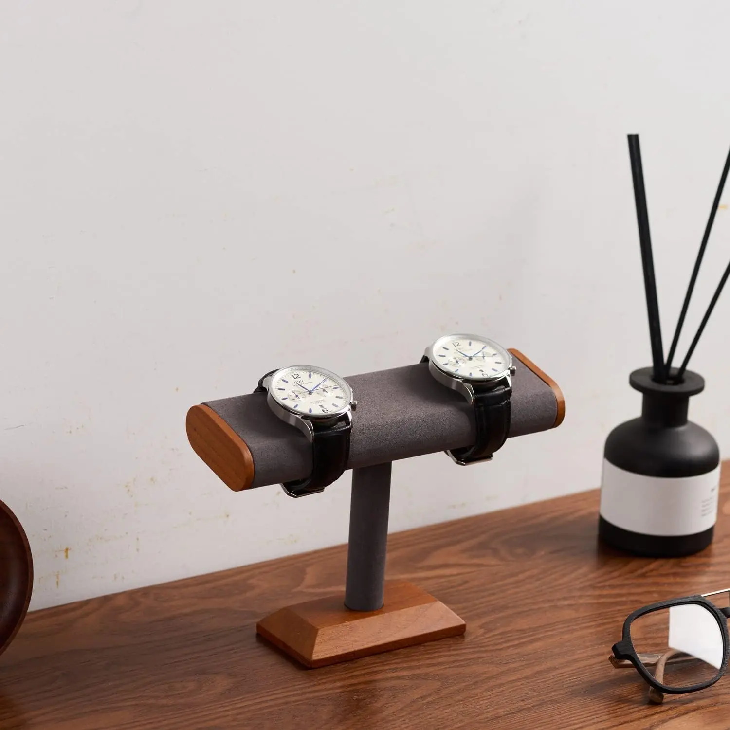 Solid Wood T-Bar Watch Display Stand, Grey Jewelry Organizer for Bracelets