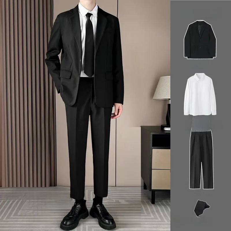 Casual Men's Black Suit Set Fashionable Trendy Professional Outerwear DK Standard Fit Style for Teenagers to Wear to Work
