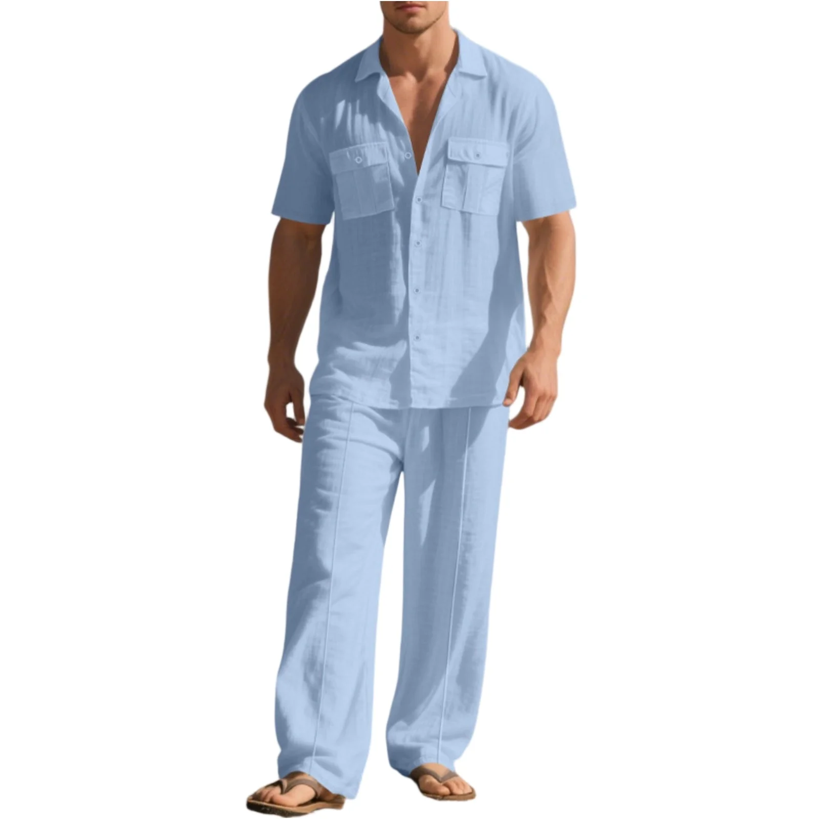 Abito da uomo casual in due pezzi in lino tinta unita risvolto doppia tasca con bottoni camicia a maniche corte pantaloni larghi con lacci in vita elastica