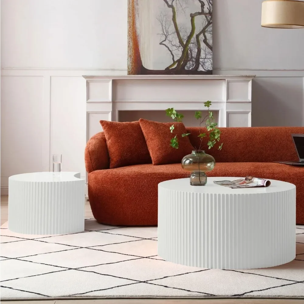 Conjunto de mesa de centro artesanal branca de 31,5 polegadas com 2 formas redondas e meia lua para sala de estar e escritório