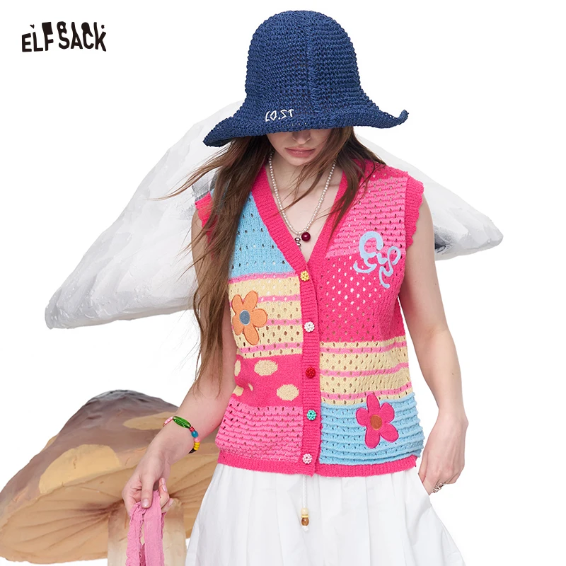 

ELFSACK Crochet Floral Patchwork Knit Vest, Colorful Button Y2K Cottagecore Sleeveless Cardigan