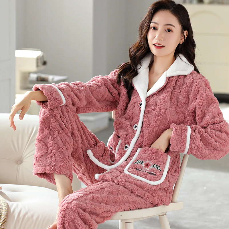 Pajamas Women's Winter Flannel Cardigan Pyjamas Female Jacquard Sweet Coral Velvet Warm Set Women's Homewear Pijamas Mujer