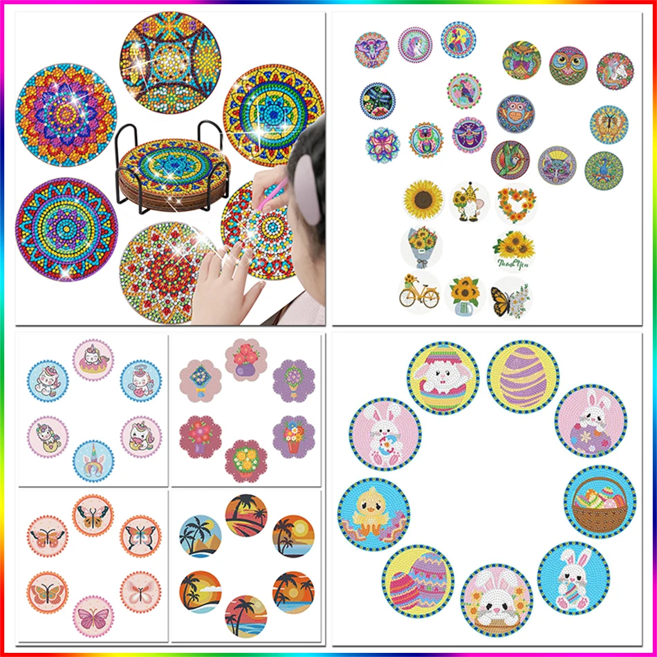 

CHENISTORY 6/8/9Pcs DIY Diamond Painting Mandala Crafts Round Coaster Drink Cup Pad Handmade Art Home Kitchen Decor Set Gift