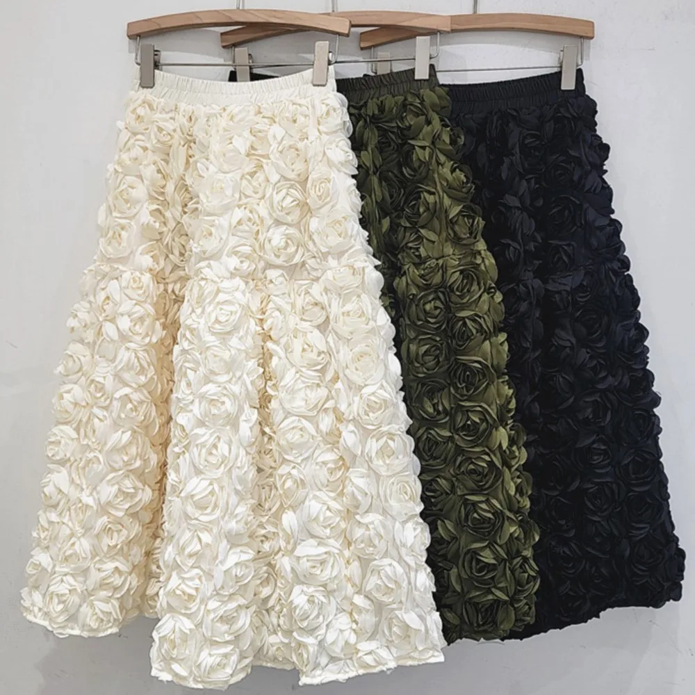 2024 New Skirt women Three Dimensional Flower High Waist Fashion A-line Long Skirt