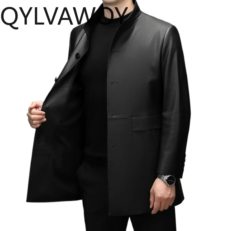 

QYLVAWOY High-end 100% Real Sheepskin Genuine Leather Jacket Men Autumn Winter 2026 Luxury Mid-length Black Leather Coat Casual