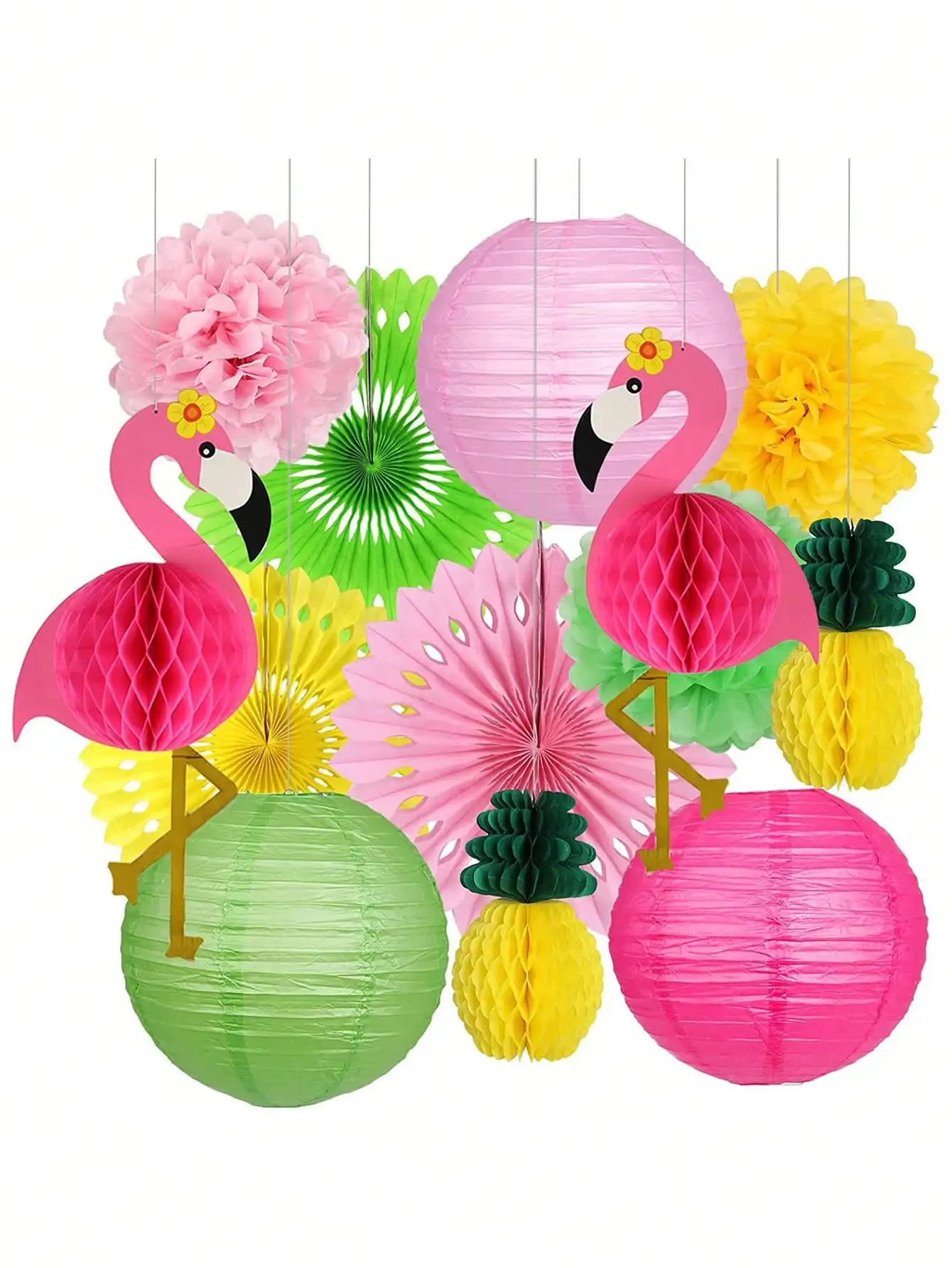 13pcs-Flamingo Party Supplies, Hawaiian Party Decorations Flamingo and Pineapple Honeycomb Ball Paper Lanterns Paper Fans Pom po