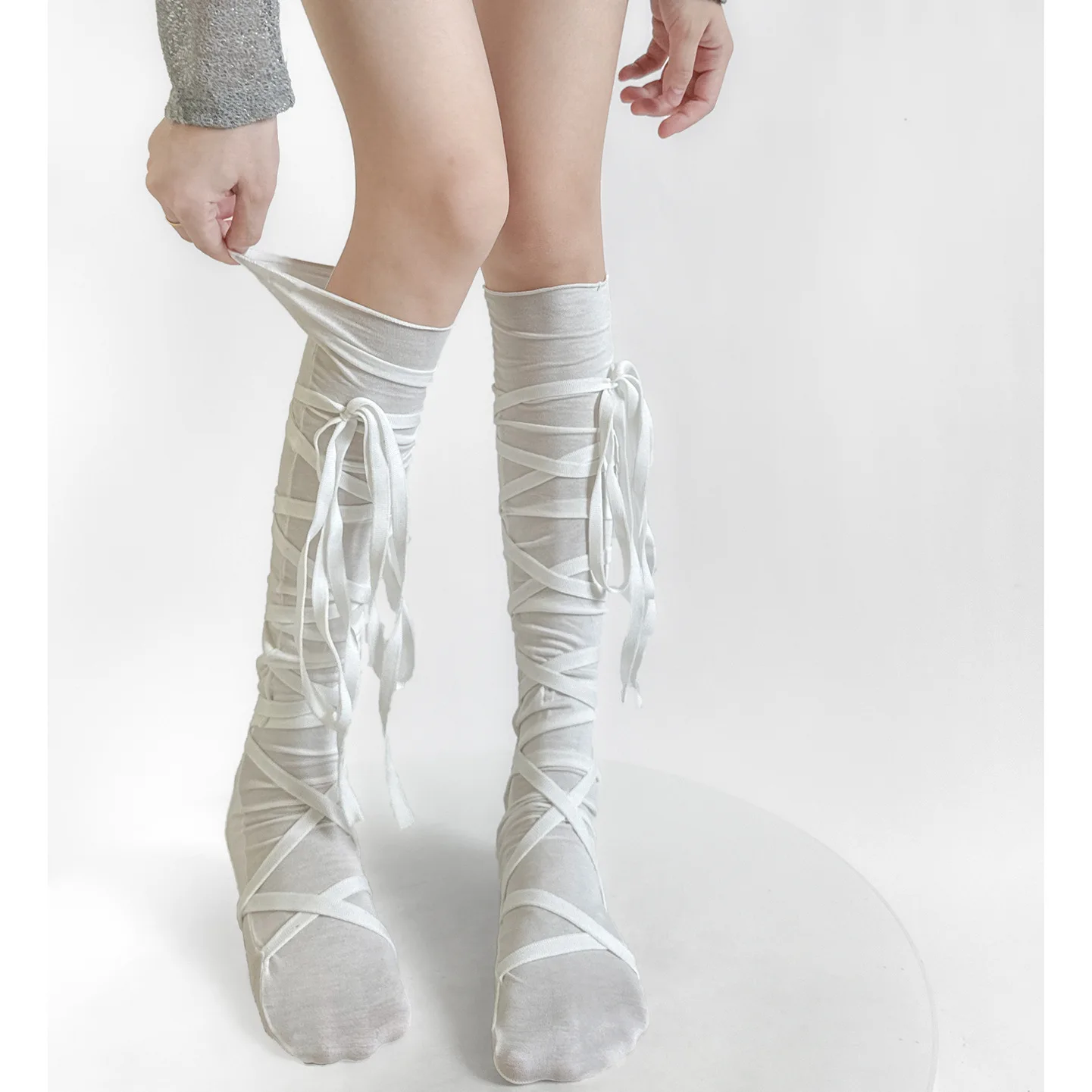 

Summer Ballet Style Women Stockings Strap Bow Over Knee Loose Long Socks Thin Slightly Transparent Calf Socks Spring and Autumn