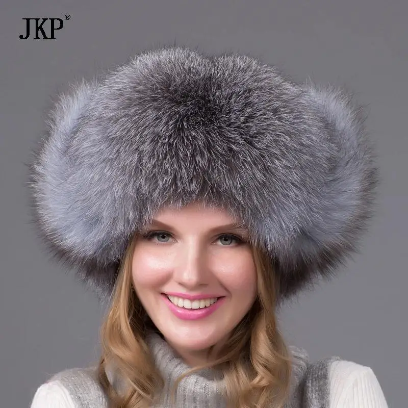 

JKP 100% Natural Silver Fox Fur Hats With Earflaps For Women Beanie Winter Warm Fashion Real Blue Fox Fur Leather Bomber Caps