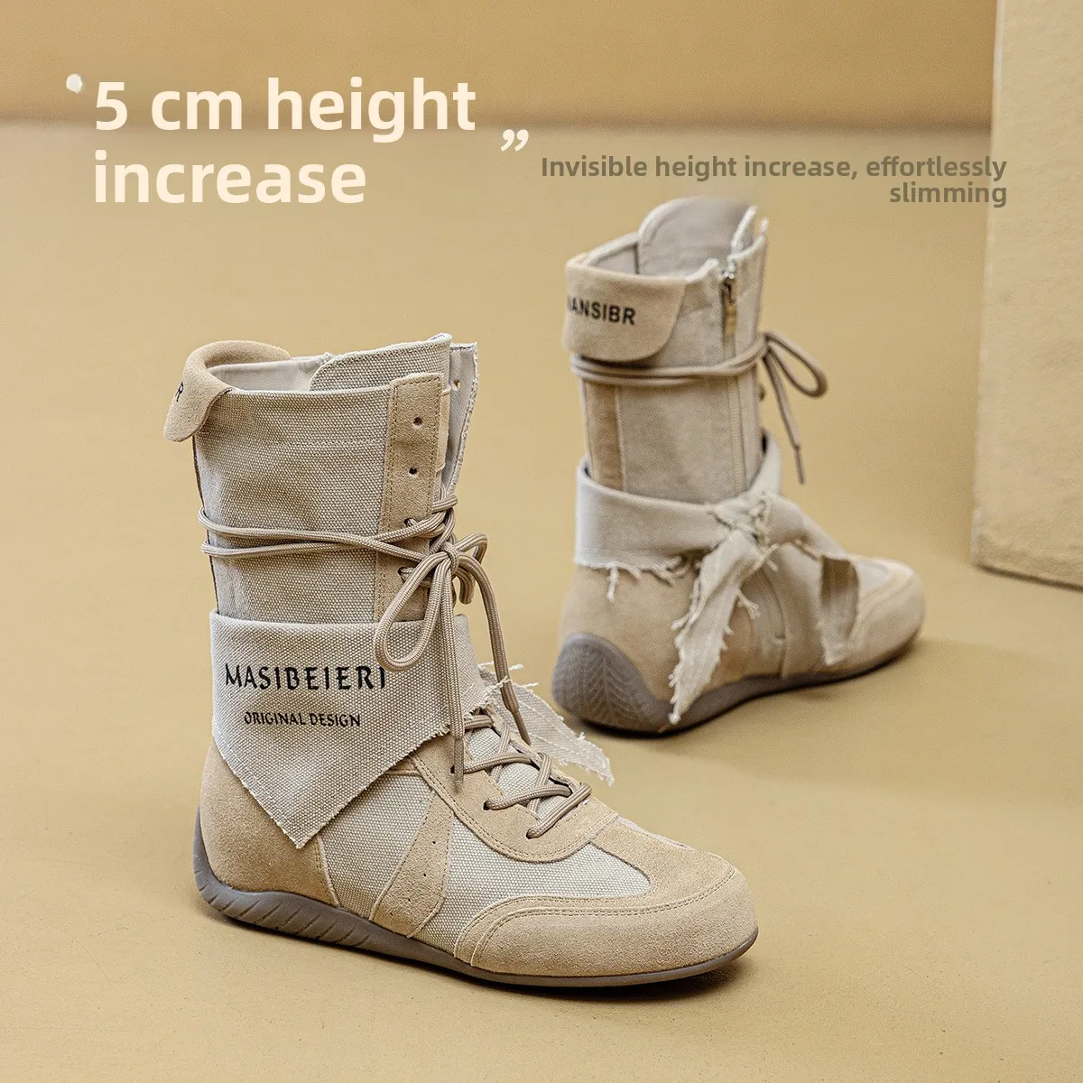 Western Style Women's Summer Thin Breathable Fashion Boots Thick Bottom round Toe Mid-Calf Rubber Sole Leather And Cloth Mocc...