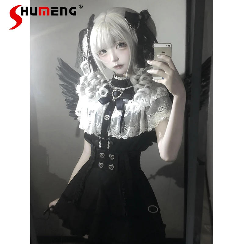

Japanese Mine Mass-Produced Mini Skirt Shirt 2-Piece Set Girls Gothic Lace Cape Bow Blouse Tops High-Waisted Skirt for Women