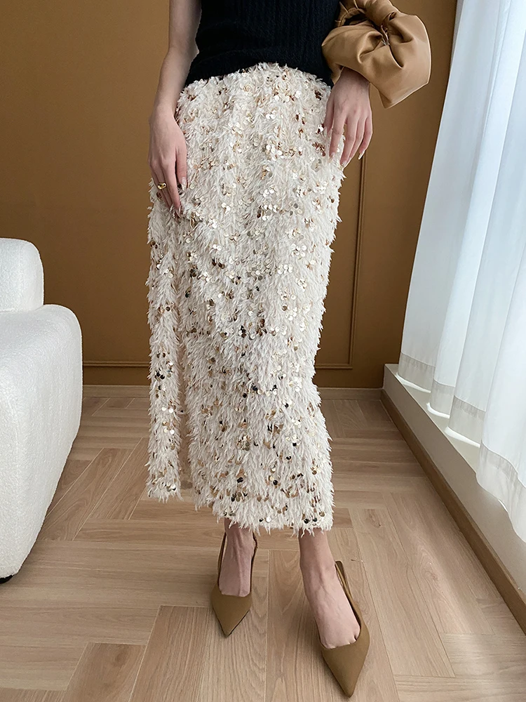 Elegant Splicing Women Midi Skirts Y2K Korean Chic High Waist Rear Slit Sequin A-Line Skirt Spring New Fashion Femme Party Skirt