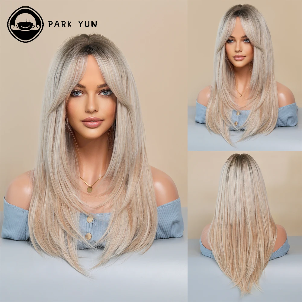 Long Blonde Wigs for Women Synthetic Hair Wig with Fringe Ombre Color with Dark Roots Layered Wigs Heat Resistant Fake Hair