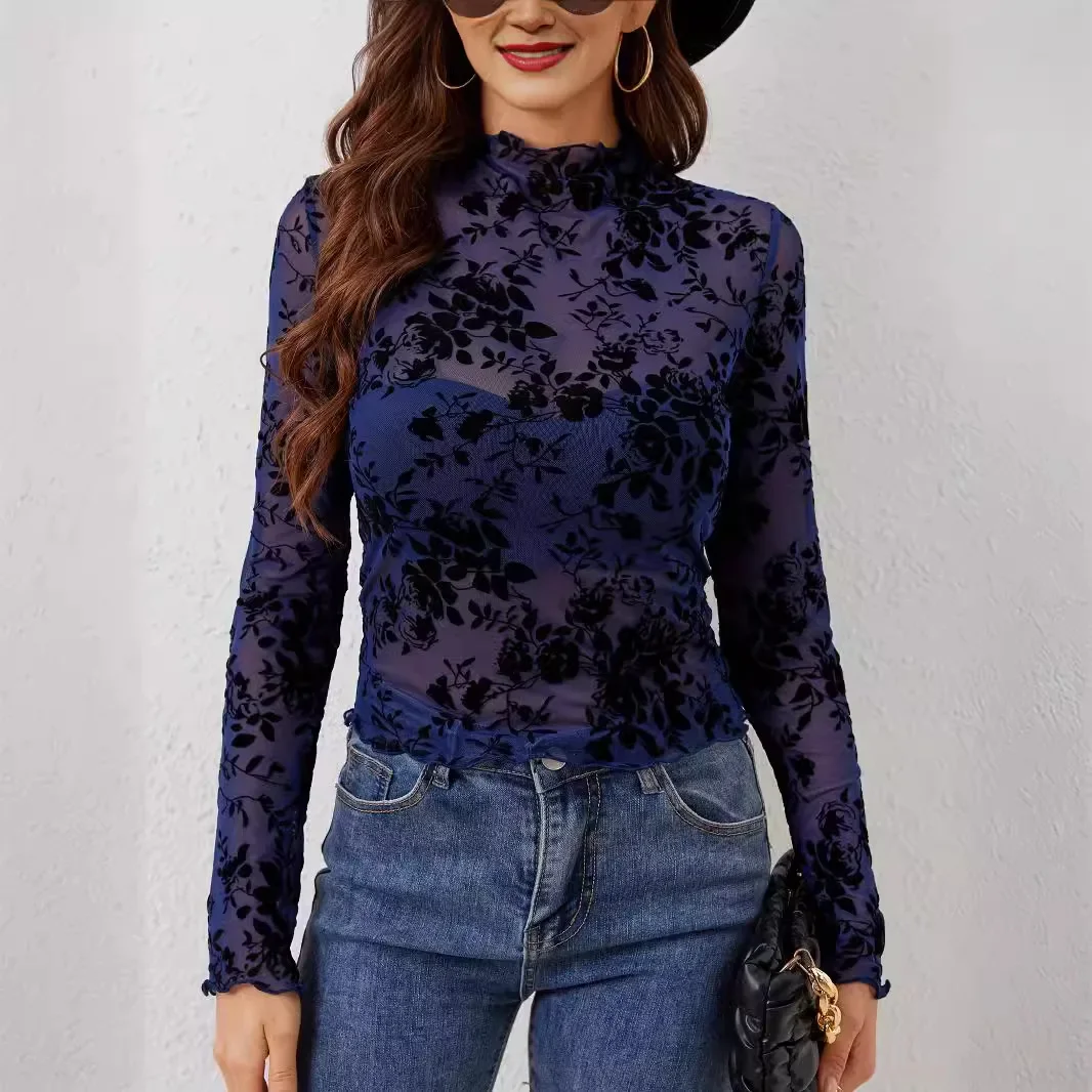 2026 Women’s New Elegant Mock Neck Flocked Floral Sheer Lace Long Sleeve Top Slim Fit Versatile Commute Daily Wear Mesh T Shirt