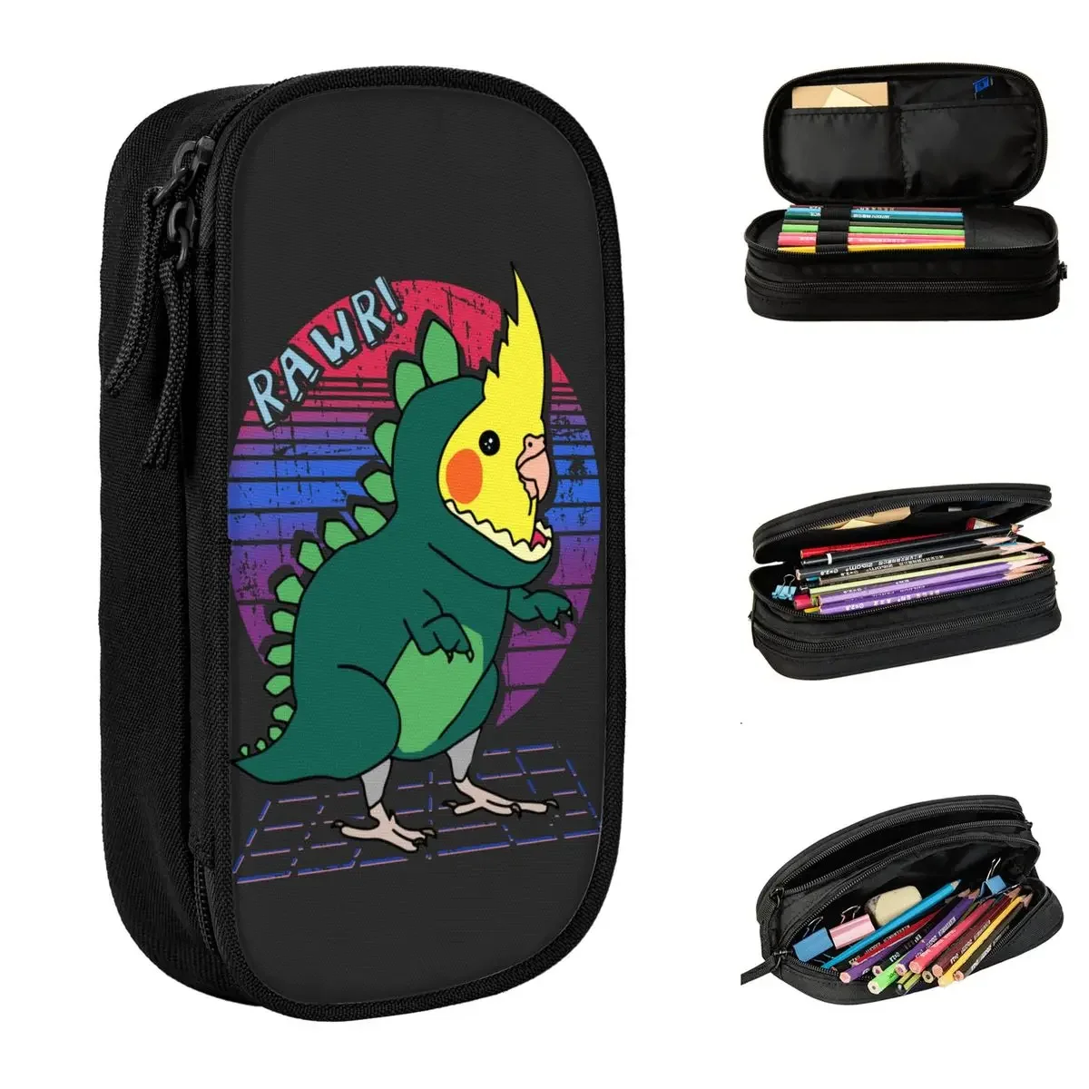 

Vaporwave Cockatiel Dinosaur Doodle Pencil Case Creative Parrot Bird Pet Pen Bags Girl Boy Large Storage Office Pencilcases