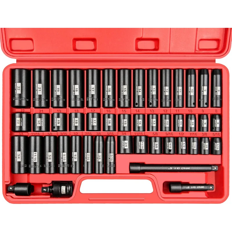 

48 Pcs 3/8” Drive Impact Socket Set (5/16 inch to 3/4 inch and 8-22mm),6-Point,CR-V