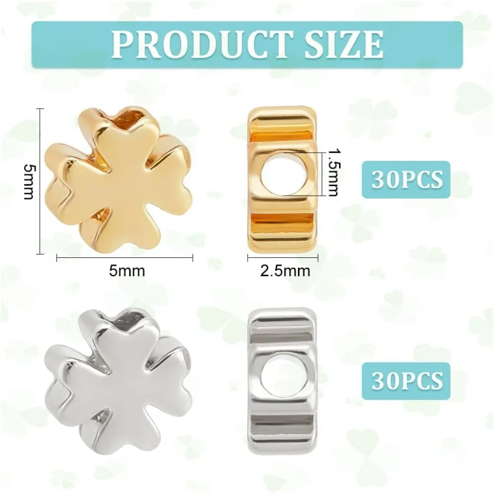 60 PCS Real 18k Gold Brass Clover Shape Spacer Beads, Four Leaf Clover Loose Spacer Beads,Platinum and Gold Brass Beads