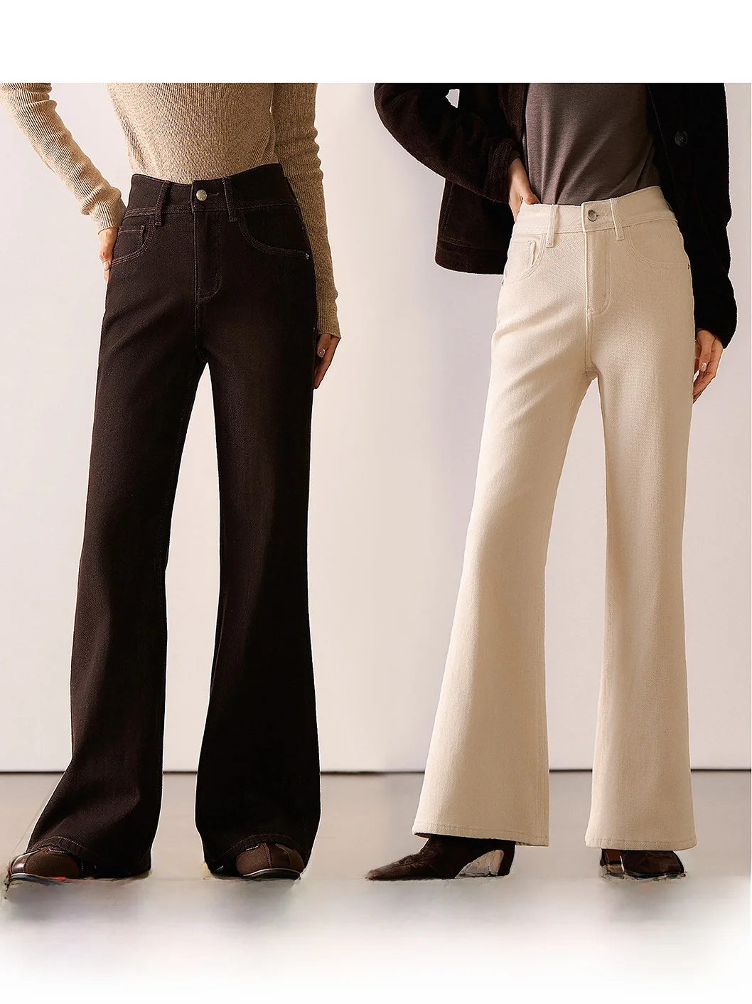 

Handmade Tee-Line Waisand Flared Jeans Women's Fce-Lined Retro Sle Bell Bot Denim Pants l Waist Pure Color