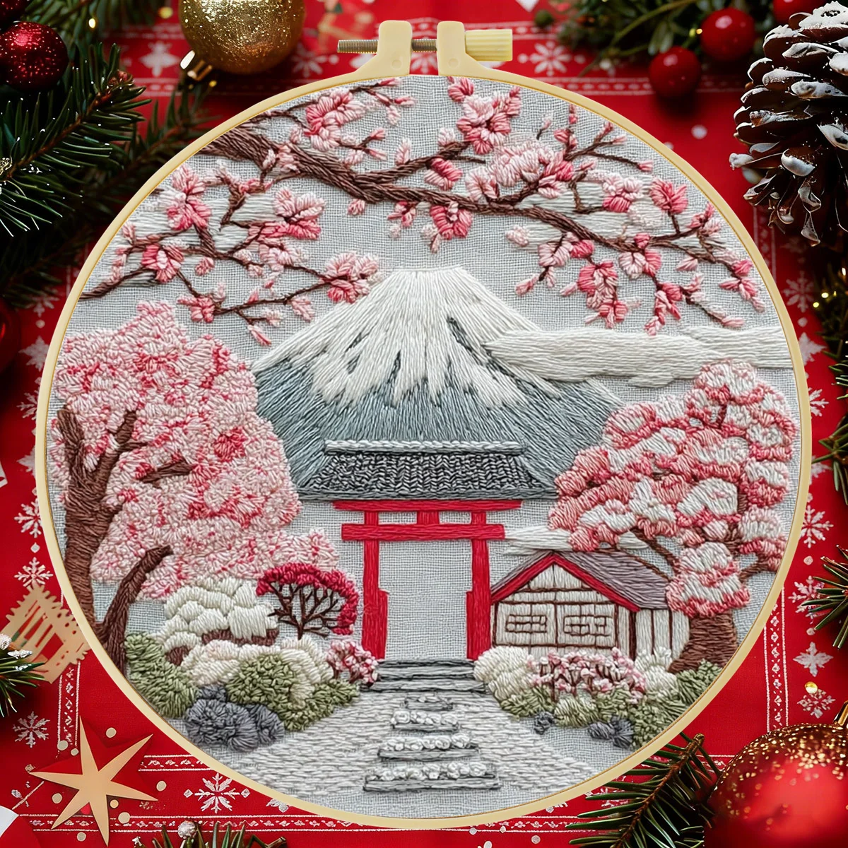 1pc 20X20CM/15X15CM Cherry Blossoms and Snow Mountains Embroidery Starter Kit DIY Cross Stitch Sewing Art for Gift