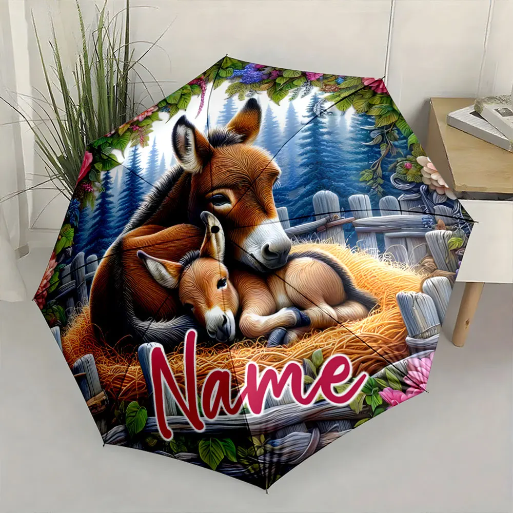 Custom Name Umbrella Charming Donkeys in a Cozy Forest Setting Print 8 Iron Ribs Folding Umbrella Auto-Open Fashion Sunshade