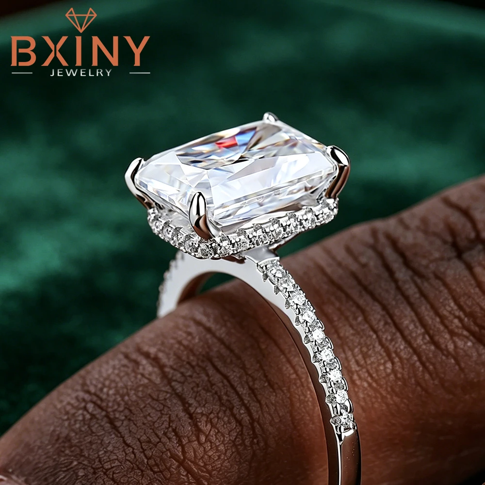 

BXINY 4CT Radiant Cut All Moissanite Ring Pure S925 Silver For Women Hiden Halo Diamond Wedding Band Fine Jewelry Gifts With GRA
