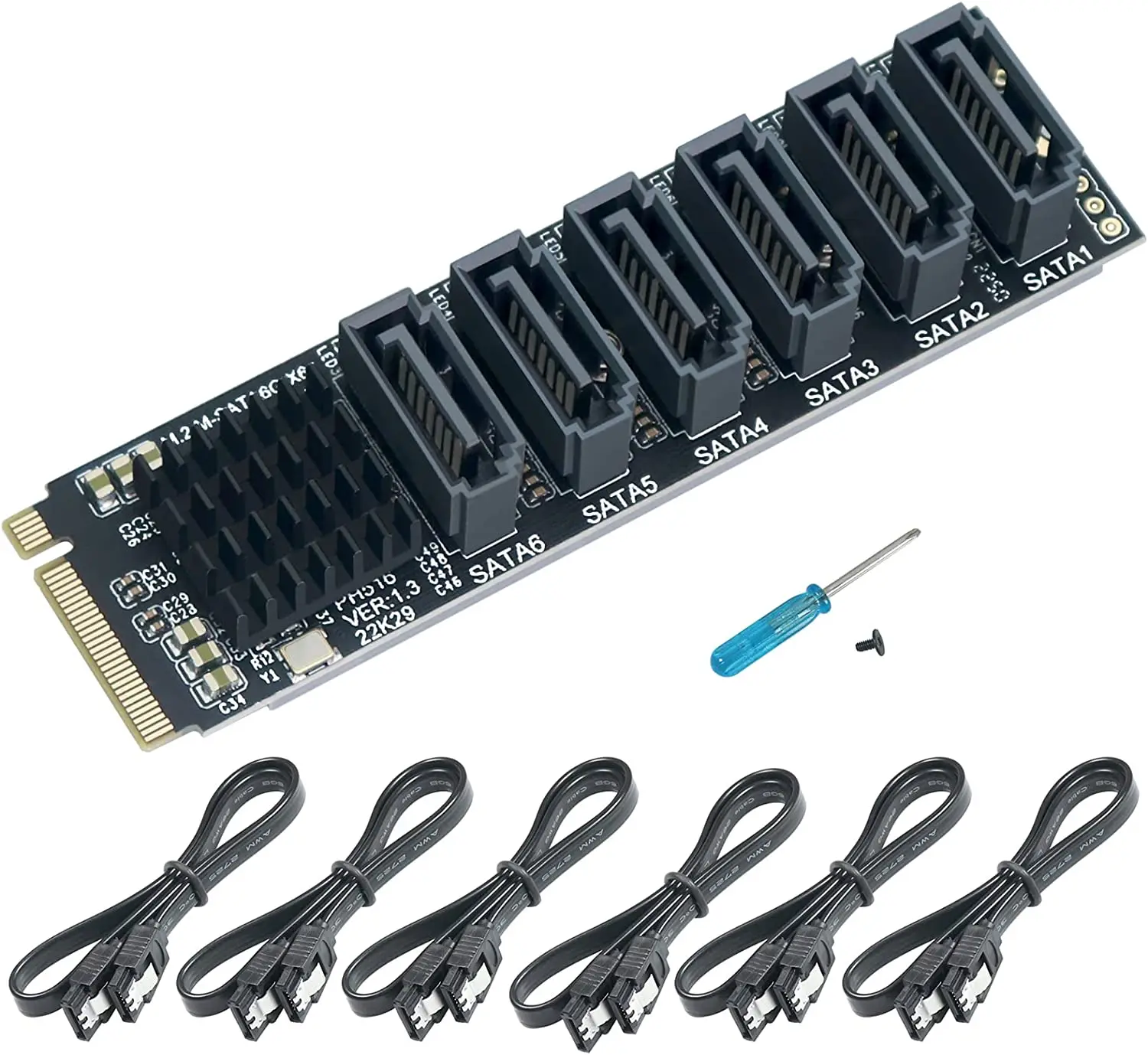 M.2 Nvme Pci-e Pcie X 4X8X16 Naar 6 Poort 3.0 Sata Adapter Kaart Riser Iii 6 Gb/s Chassis Server Pc Uitbreiding + 6 Stuks 3.0 Sata Kabel