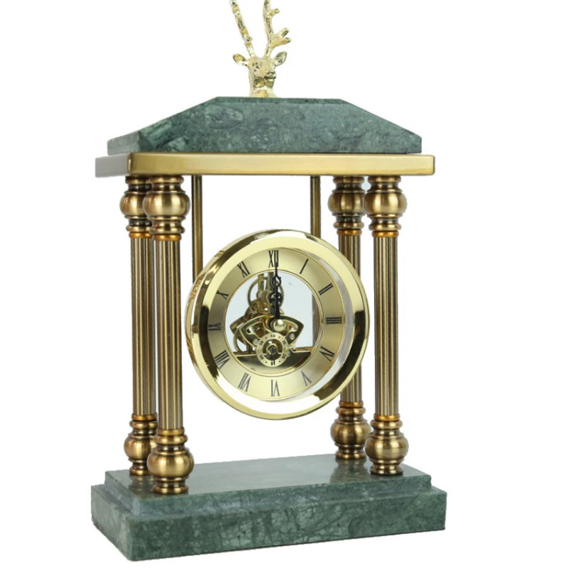 New Style Antique Green Marble Clock Hot Selling Office Decoration Marble Mute Metal Desk Clock