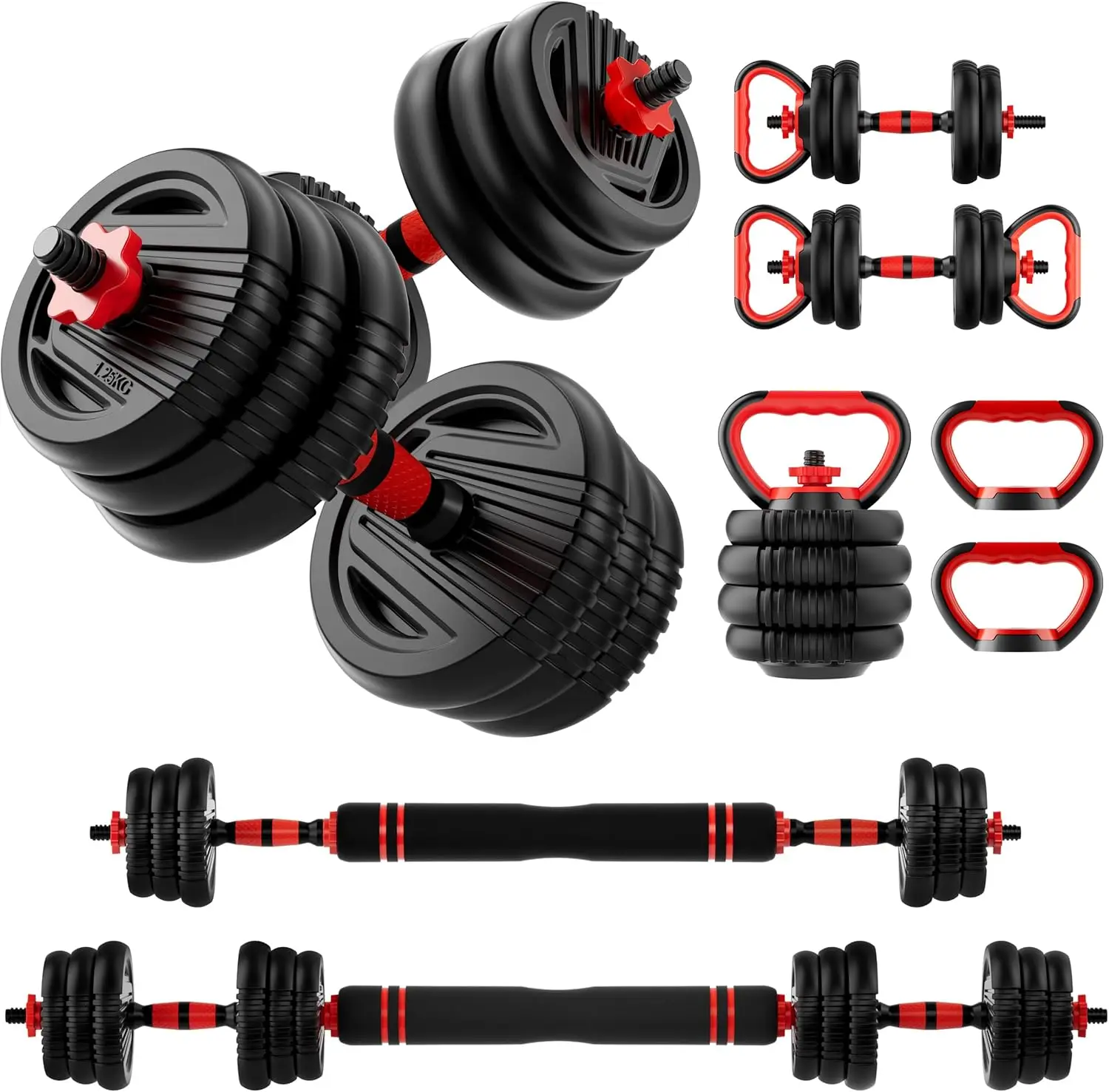 

5-in-1 Adjustable Dumbbell Set, 10-90lbs Free Weights for Home Gym, Barbell, Kettlebell, Push-Up Stand