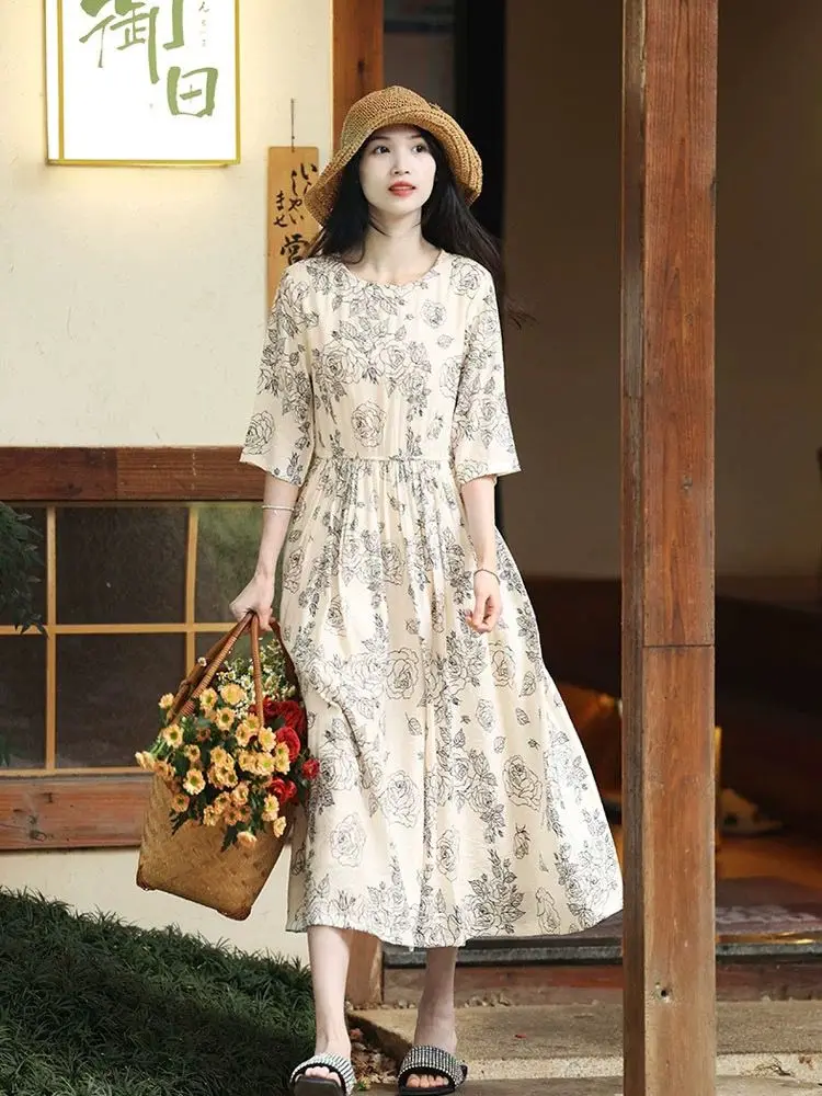 Женское платье с цветочным принтом, свободное повседневное длинное платье из 2024 хлопка для отпуска, Одежда большого размера, X995, весна-лето 100%