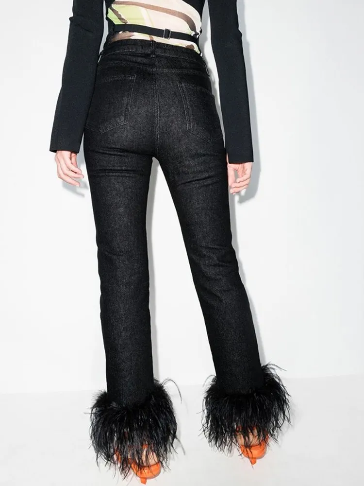 KBQ Patchwork Feathers Solid Pants For Women High Waist Minimalist Slimming Long Straight Casual Trousers Female Fashion Clothes