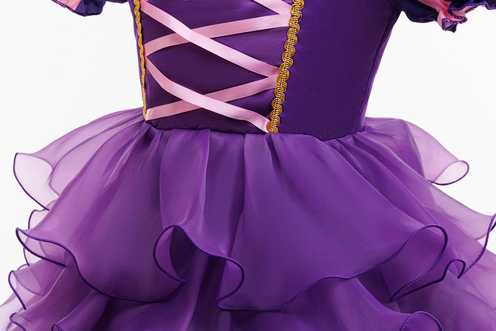 Halloween-Kostüm für Mädchen: Kleid mit Puffärmeln, Rüschen und mehreren Stoffschichten aus Tüll + Hexenhut + Süßigkeitenbeutel in Form einer Kürbis, Party-Outfit für Kinder, 3-teiliges Set. – Detail 26