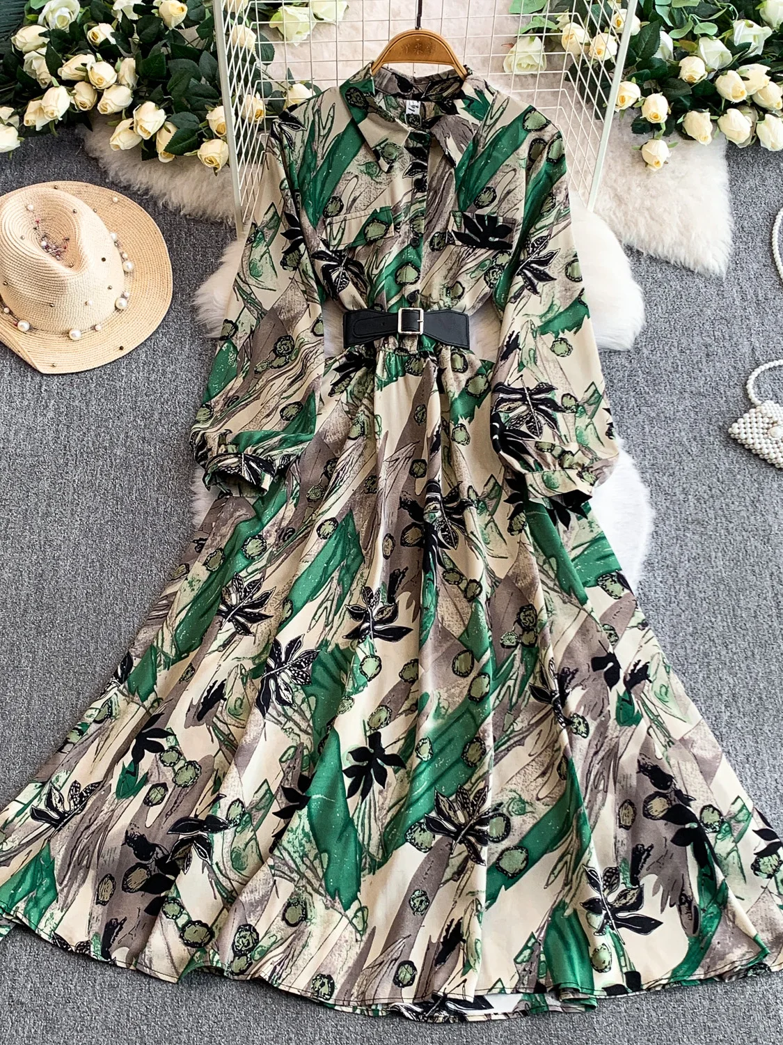 Rétro imprimé fleuri col rabattu longue Dr femmes automne hiver simple bouton minceur jupe complète Dr a-ligne Silhouette