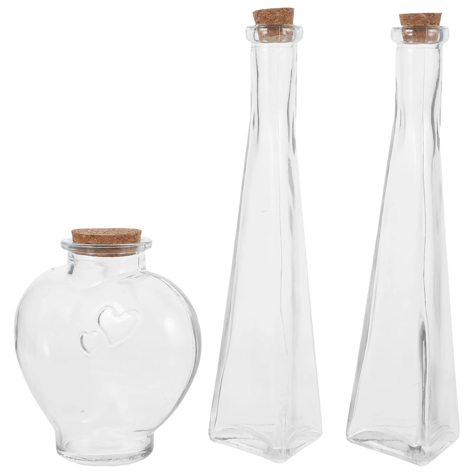 

3Pcs Heart Prismatic Shape Glass Wishing Bottles Transparent Decorative Drift Bottles Wedding Sand Ceremony Set
