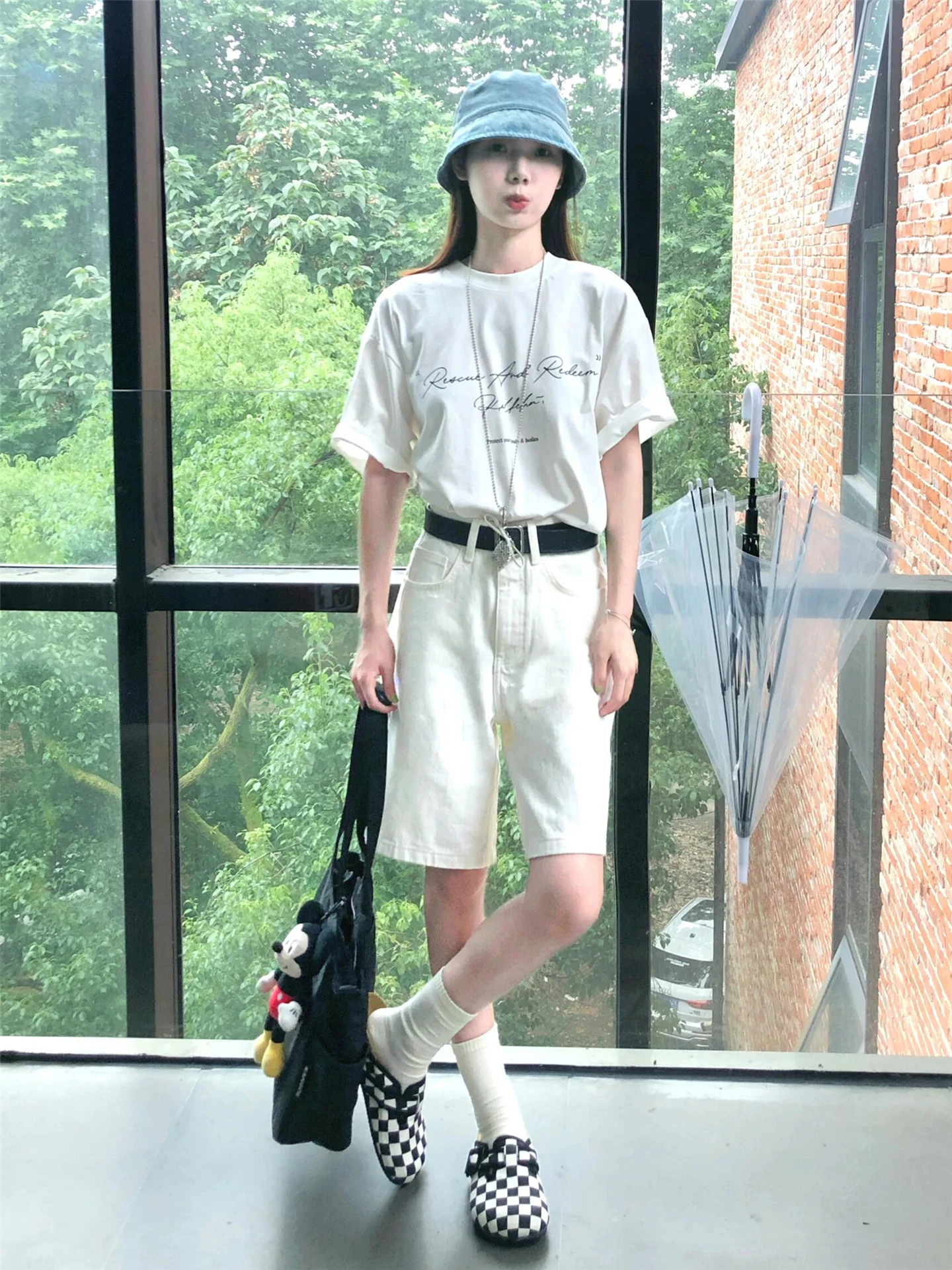 

American Style Vintage White Jeans Shorts Women's High Waist Slimming Loose Straight Leg Wide Leg Fourths Summer Jeans