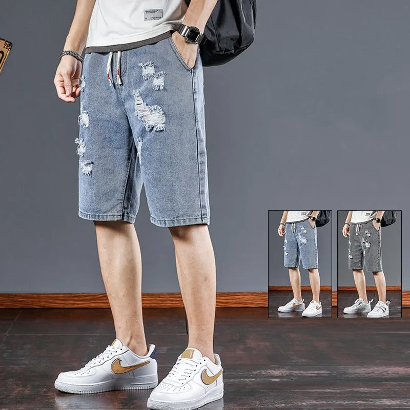 Shorts jeans finos e rasgados para homens, calças retas, soltas, tendência de rua alta, roupas casuais, verão, Y2K, 2023