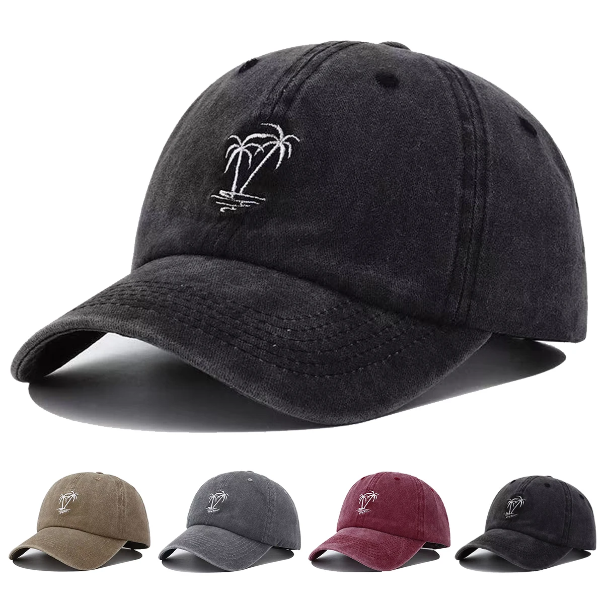 Unisex Coconut Tree Embroidery Wash Baseball Caps Spring and Autumn Outdoor Adjustable Casual Hats Sunscreen Hat Sports Cap