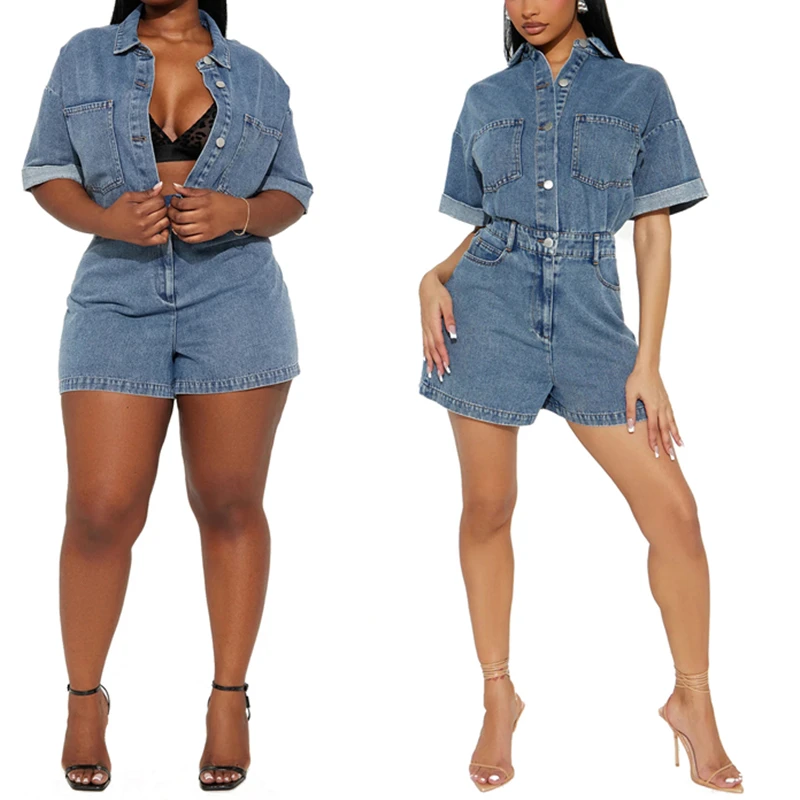 Short Sleeve Turn-down Collar Loose Wide Blue Denim Jumpsuits Women Summer Clothing Playsuits Shorts Casual Sweet Jeans Rompers