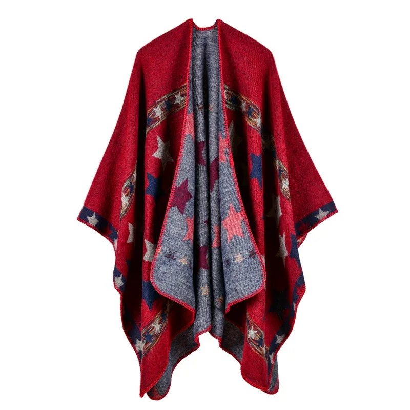 

New European American Women's Star Color Bar Imitation Cashmere Shawl Extra Long Thickened Foreign Trade Cape Ponchos