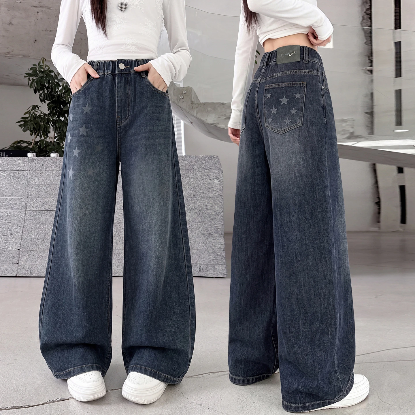 New Girls Autumn Jeans Embroidery Five-pointed Star Loose Pants For 5-14 Years Spring Teen Girls Stylish Denim Wide Leg Pants