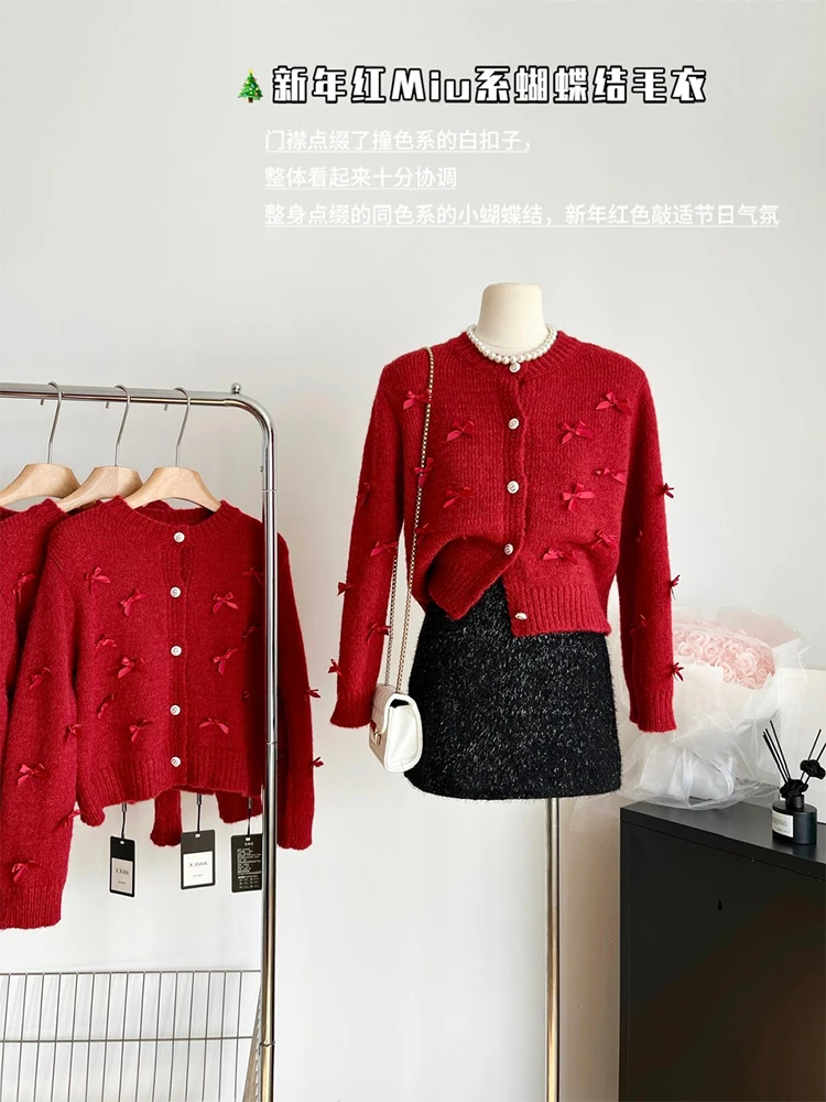 

Autumn Winter Women Vintage Cute Core Christmas Cardigan Sweater Long Sleeve Korean Fashion Bow Knitwear 2000s Aesthetic Jumper