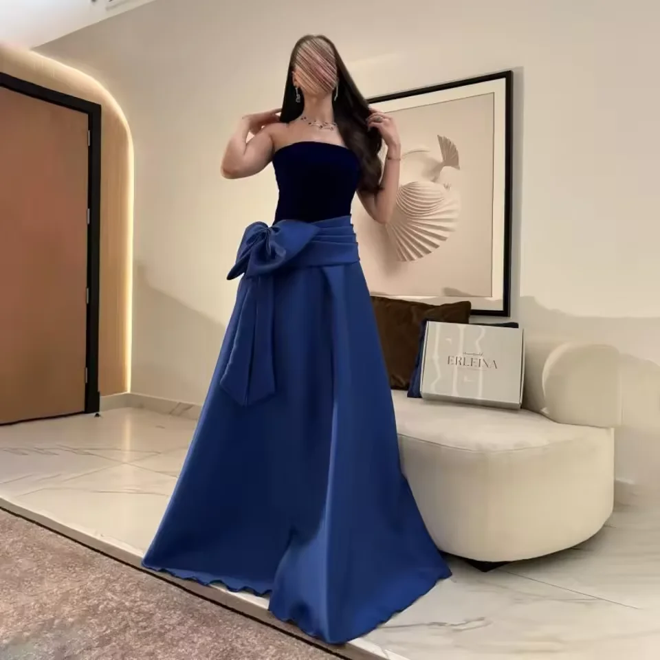 فساتين سهرة رسمية مخصصة أنيقة بدون حمالات فساتين حفلات طويلة على شكل حرف a طول الأرض فساتين حفلات على شكل فيونكة