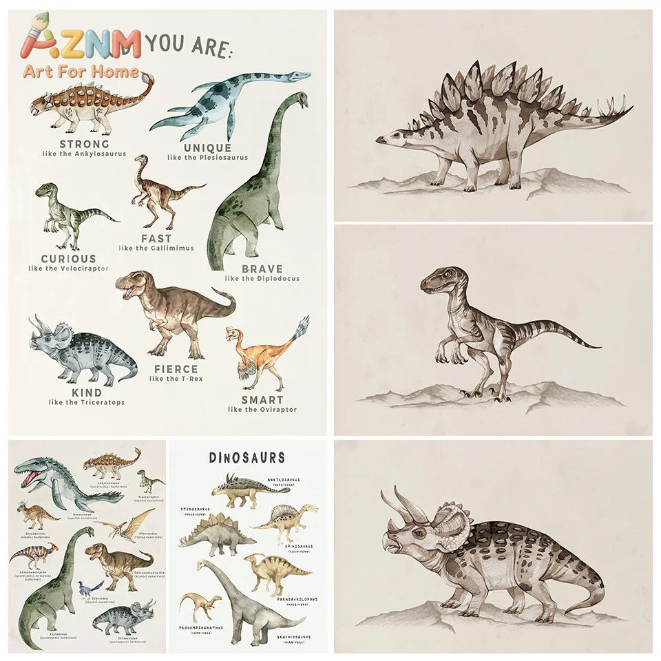 AZNM Watercolor Vintage Dinosaur Canvas Wall Art Dinosaur Species Chart Inspirational Positive Words Prehistoric Animal Print Ne