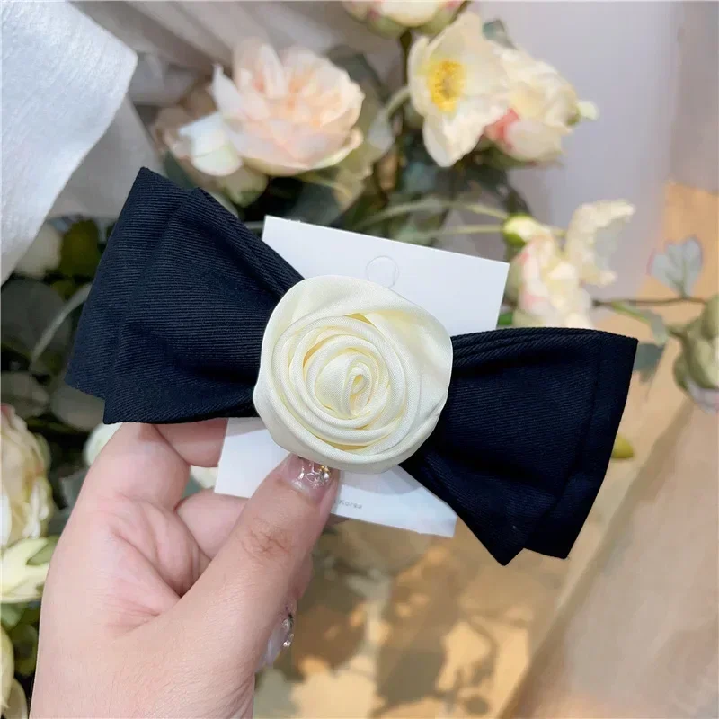 Elegant Ribbon Rose Flower Hair Pins for Women Balck Bow Hair Clips Headwear Korean Fashion Headpiece Ladies Hair Accessory