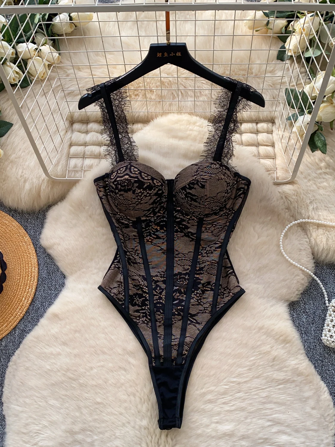 Black Lace See-through One-piece Women's Sexy Strap Bodysuit High-waist Slimming Crop Top City Commute Friendly Breathable