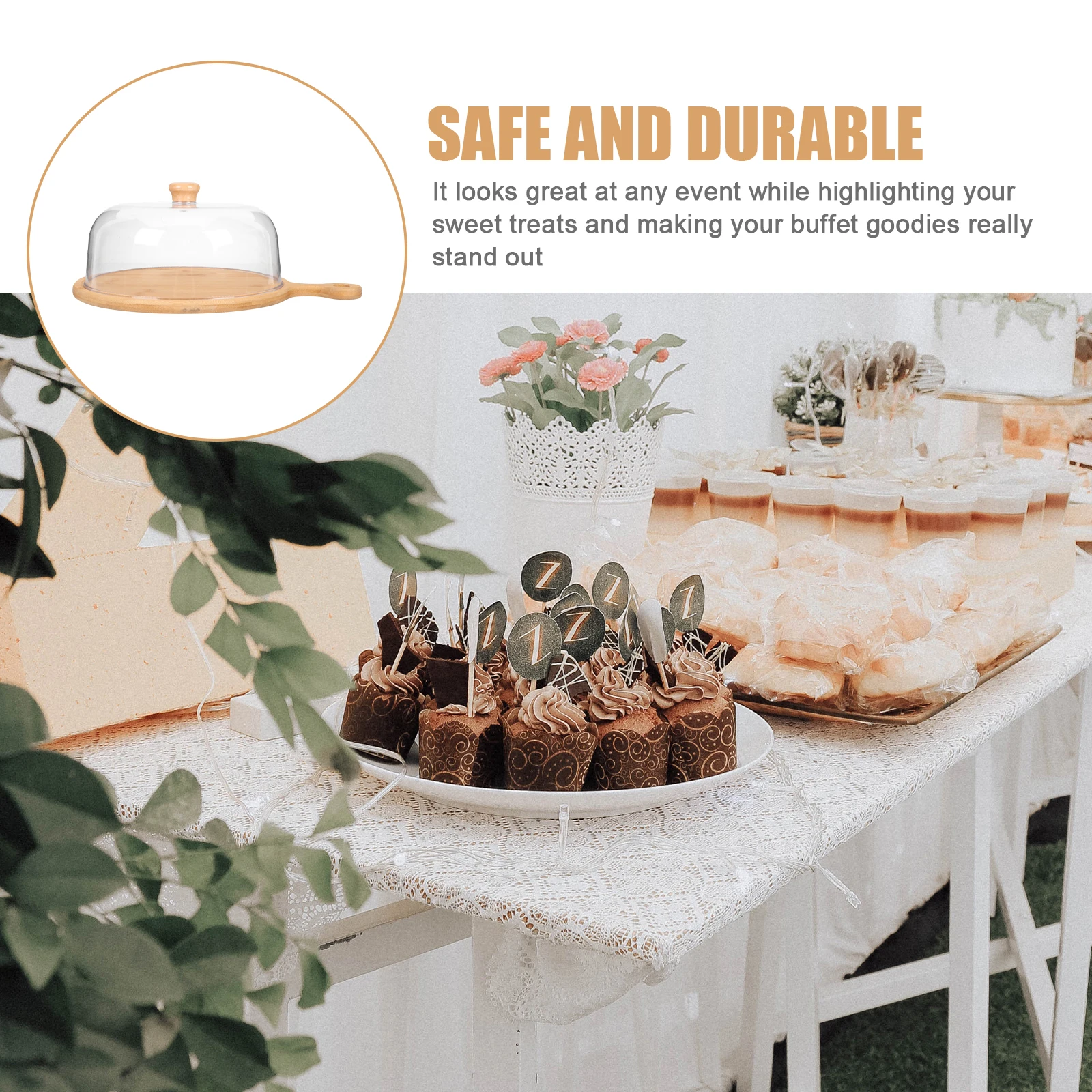 

1 Set Cake Display Tray Wood Pp Cover Set Premium Food Holder Portable Buffet Dessert Plate Dust Cover For Party Wedding Bakery