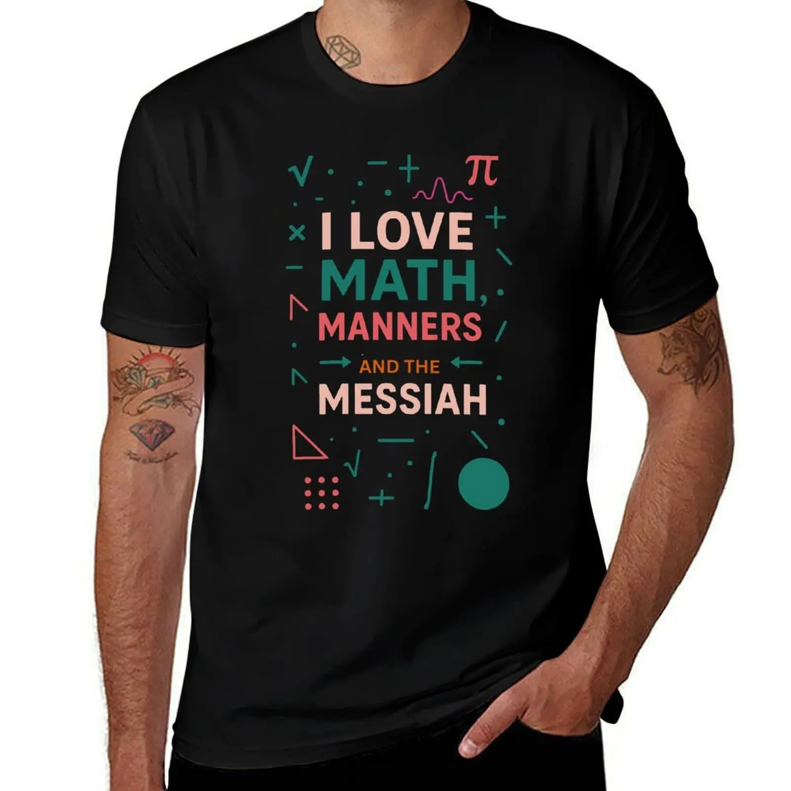 

I Love Math, Manners, and the Messiah – Christian STEM Quote Design T-Shirt blue lock tshirts for men
