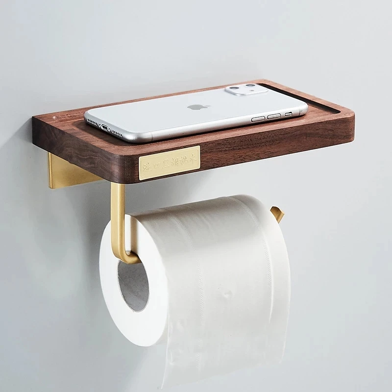 Wood Brass Toilet Paper Holder With Phone Shelf Wall Mounted Roll Paper Holder Hanger Wall Shelf Bathroom Accessories