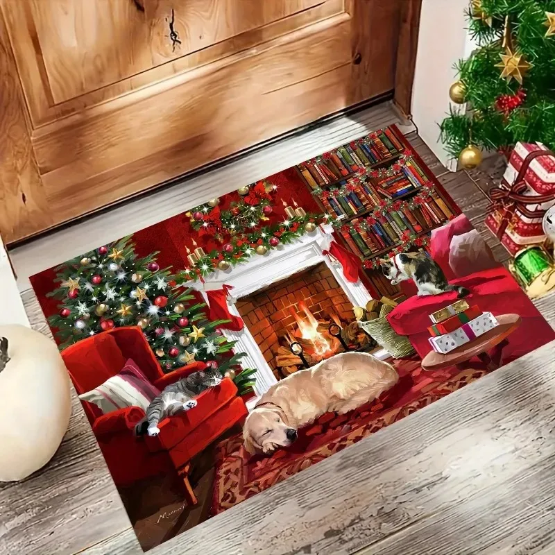 Merry Chirstmas Theme Anti-slip Doormat for Bathroom Chirstmas Tree Printed Carpets 3 Size Polyester Rug Entrance Mat Decoration