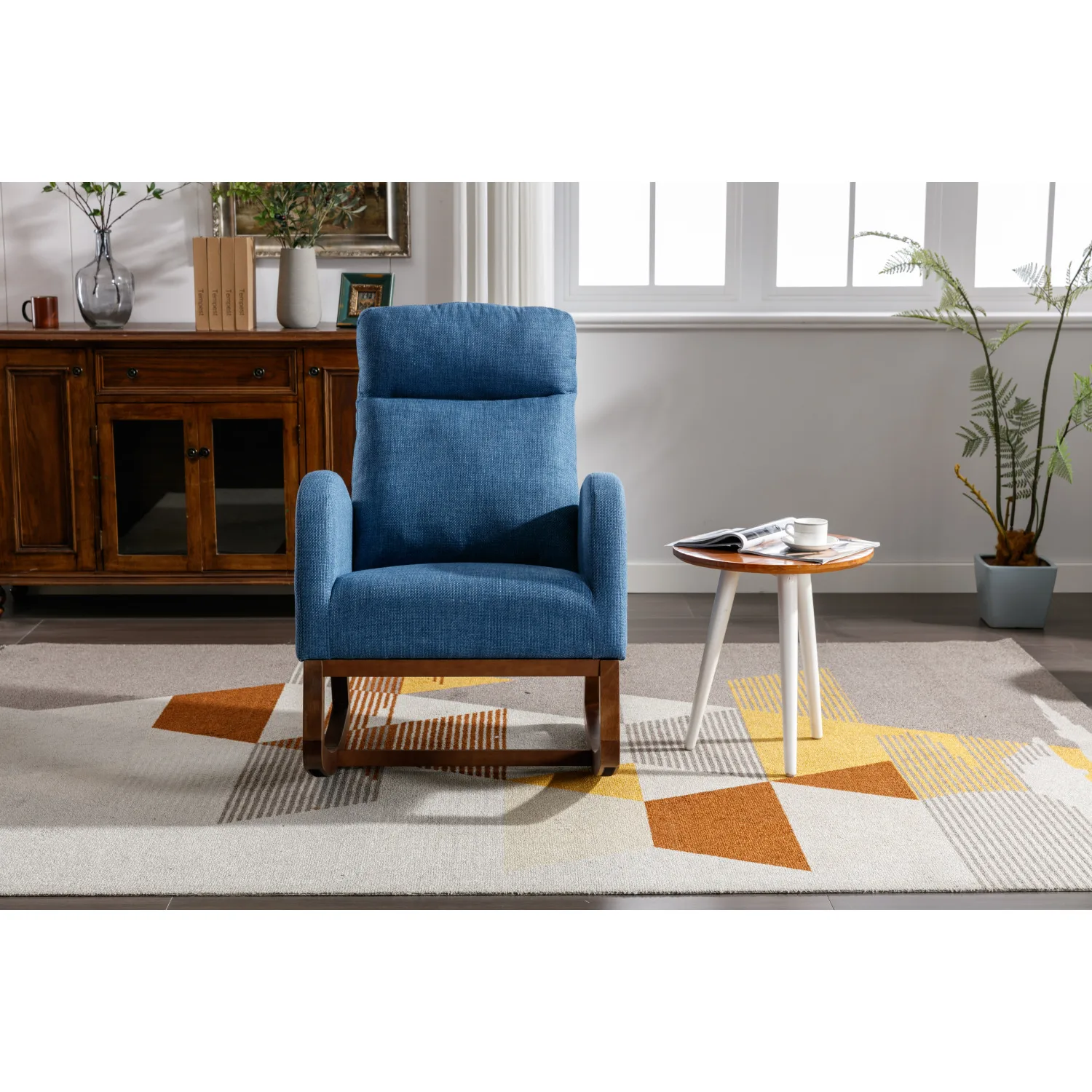 COOLMORE Modern Rocking Chair with Wood Legs, Recliner Armchair, Nursery Accent Chair in Blue Linen