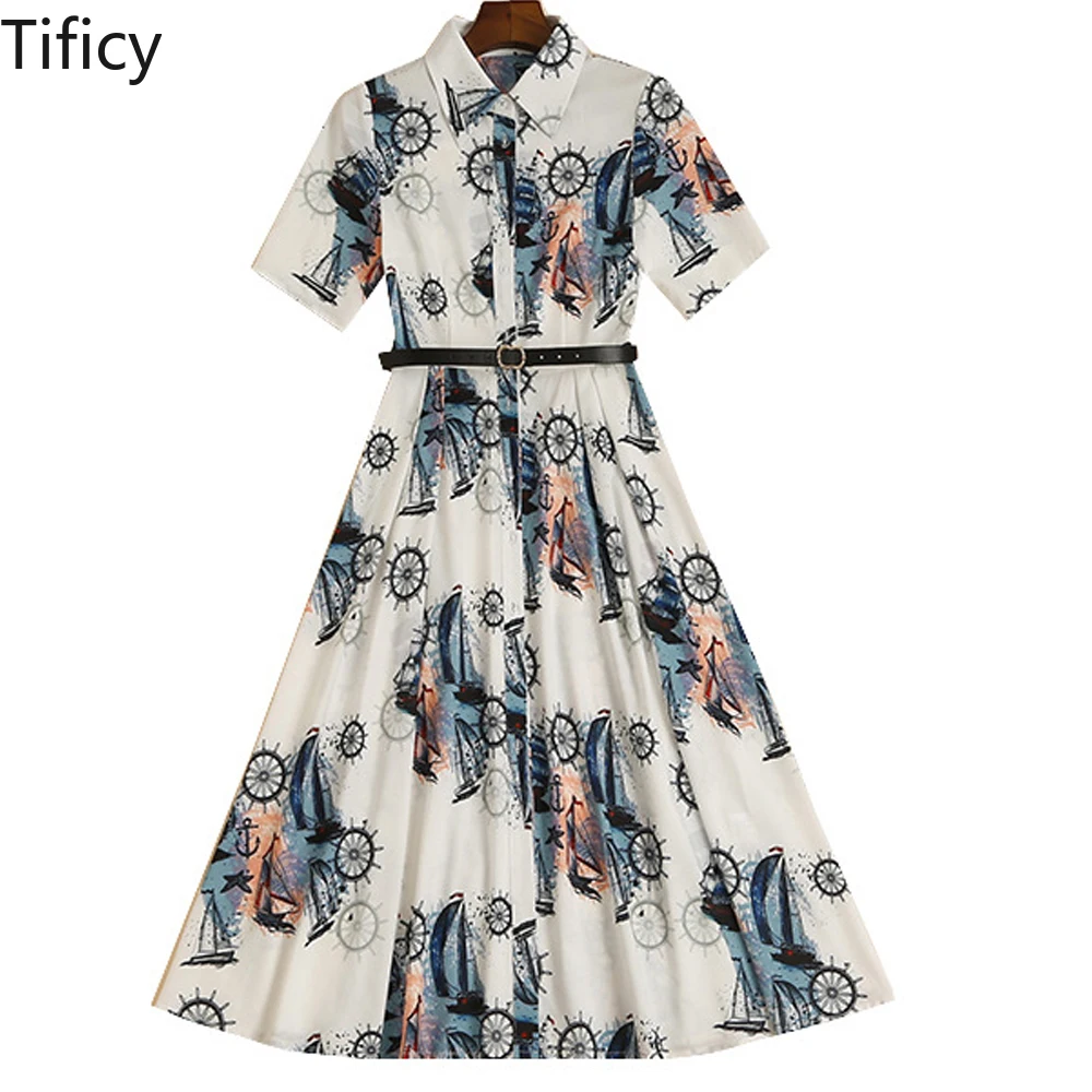 High Quality Summer New Women's Fashion Celebrity Same Style Polo Neck Short Sleeve Abstract Wheel Print Temperament Dress