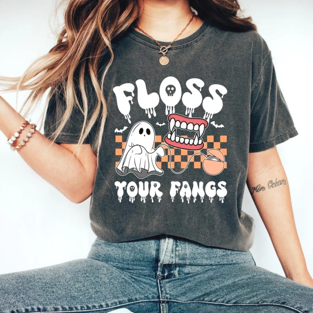 Sudadera de Halloween Dental estilo Halloween Tops divertida camiseta gráfica Dental hilo dental tus colmillos camiseta regalo para tecnología Dental mujer hombre